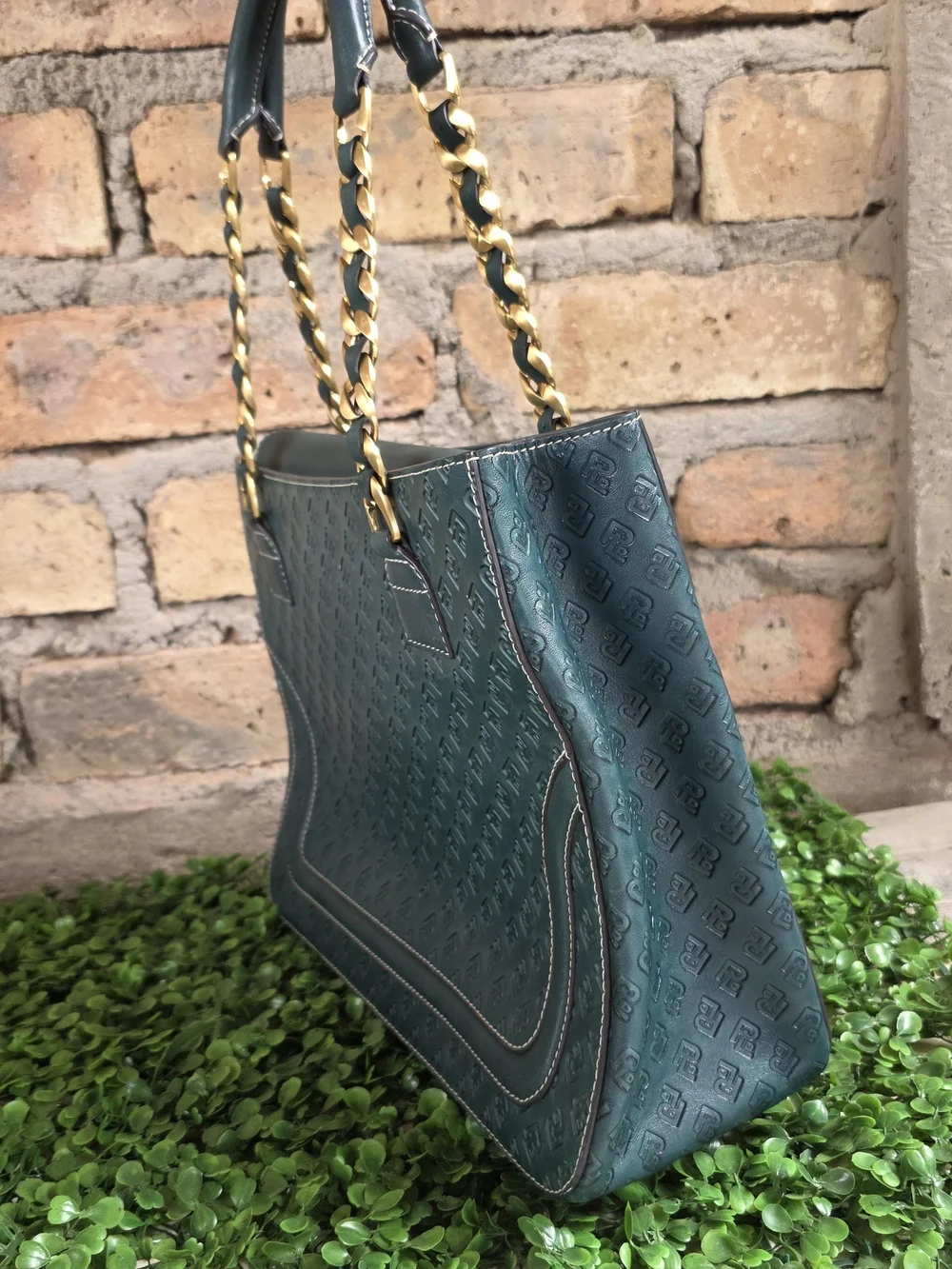 POWERLAND Forest Green Embossed Monogram Tote Bag Gold Chain Straps